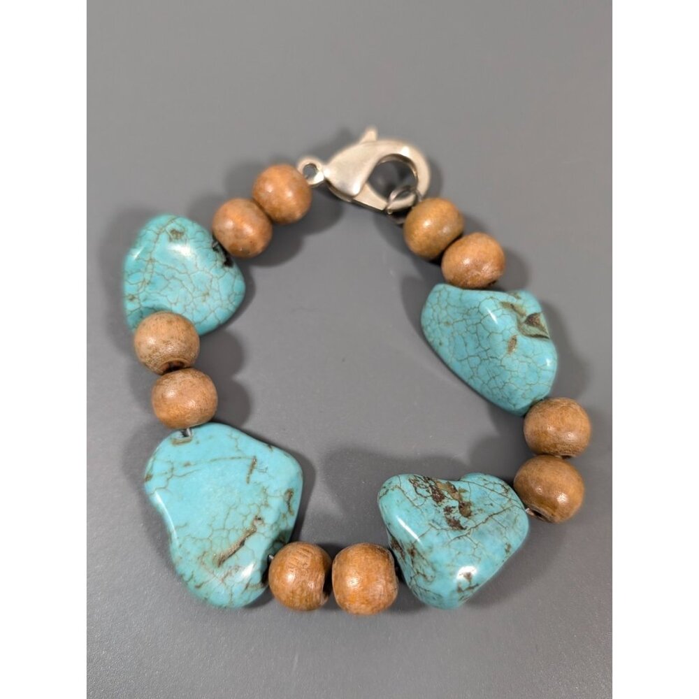 Faux Turquoise Stone Brown Wood Bead Bracelety Chunky Statement Boho 6-6.5 inch